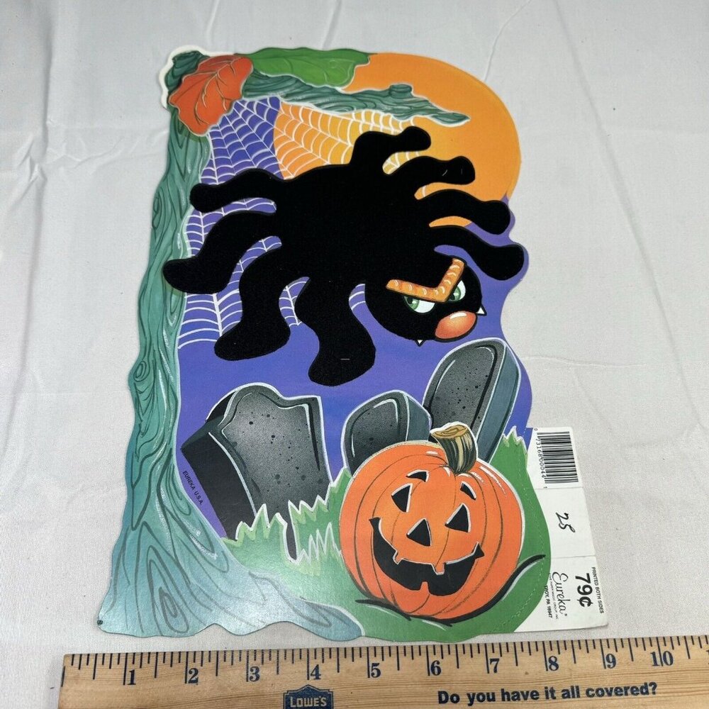 Vtg Eureka Flocked Spider Pumpkin Halloween Cut Out New Old Stock Graveyard